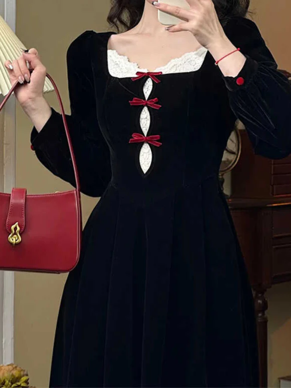 Red Bows Velvet Dark Coquette Maxi Dress - Image 2