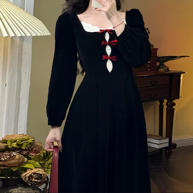 Red Bows Velvet Dark Coquette Maxi Dress - Image 3