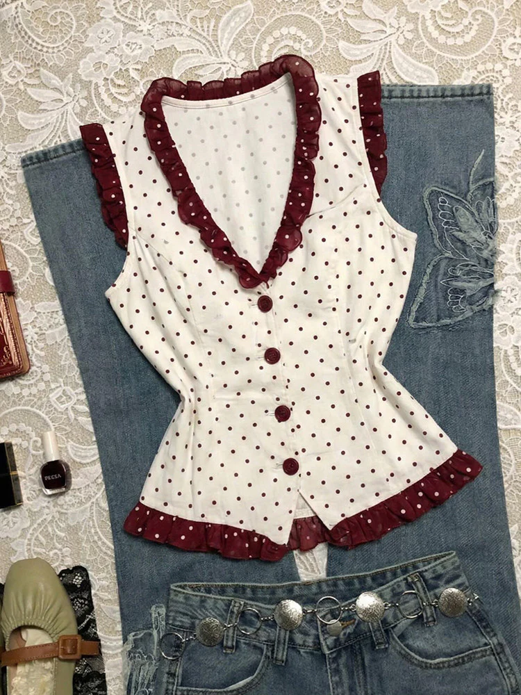 red lace polka dots shirt - Image 4
