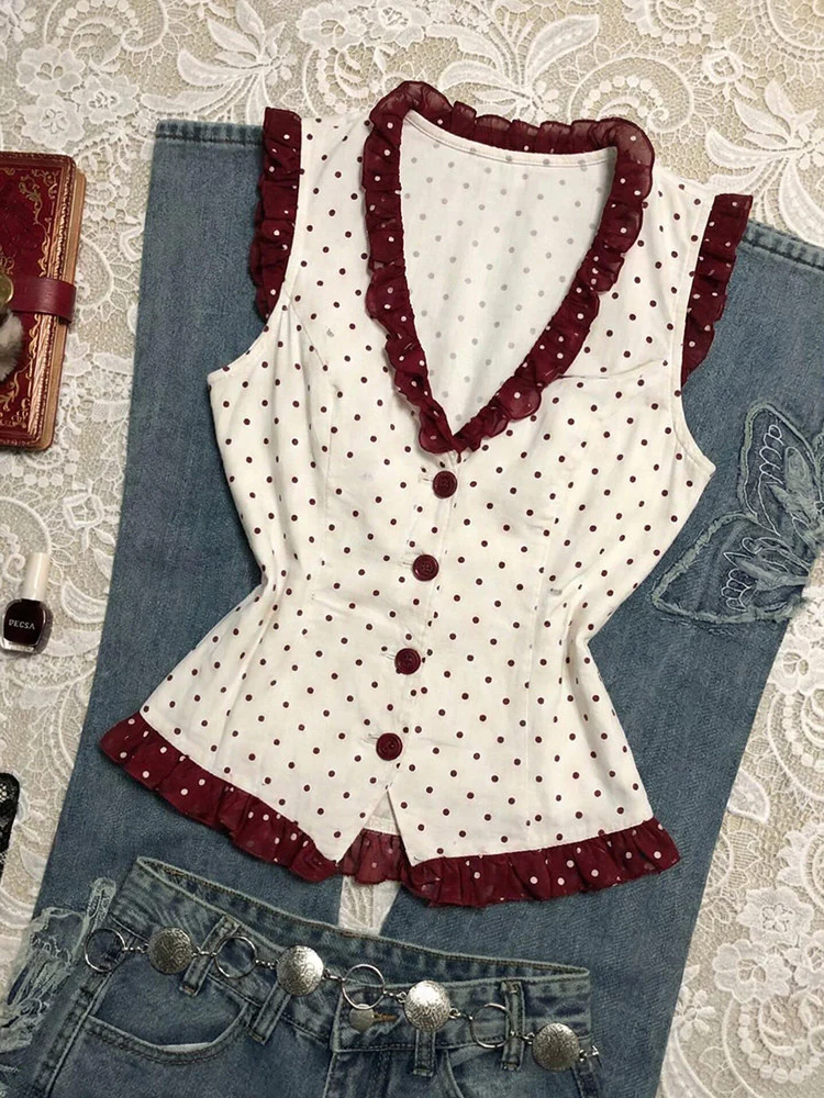 red lace polka dots shirt - Image 5