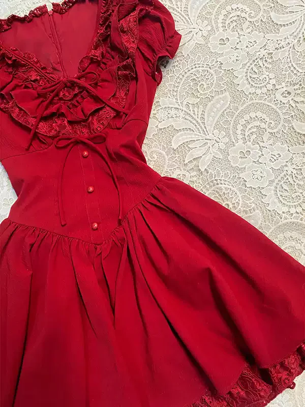 red lace v-neck shirt dress - Image 2