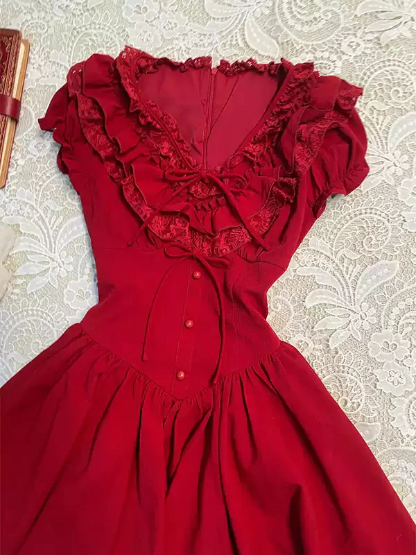 red lace v-neck shirt dress - Image 4