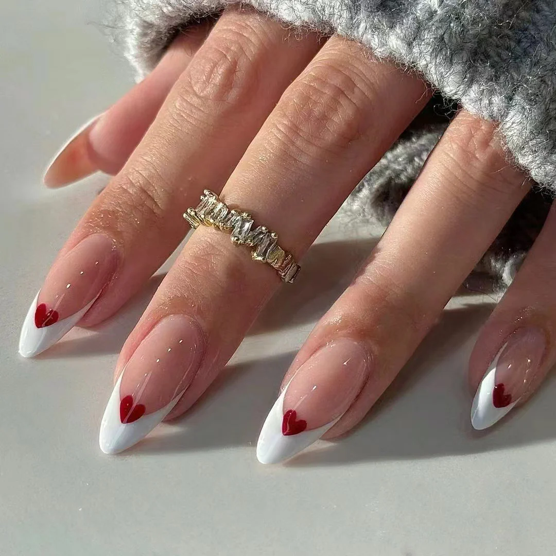 Red Love Water Drop French Nails - Image 3