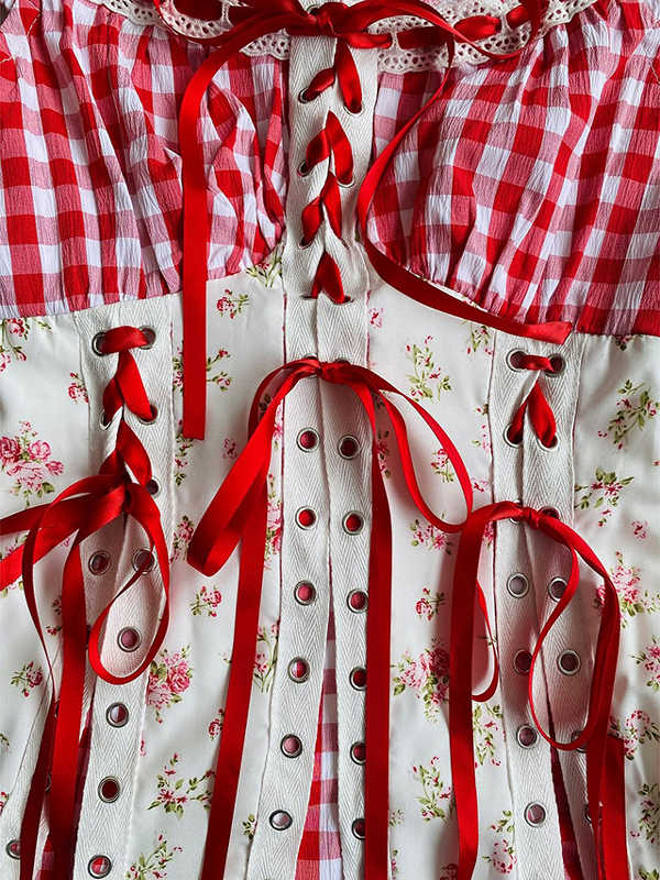 Red Plaid Patchwork Suspender Dress - Image 2