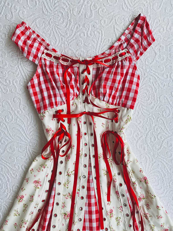 Red Plaid Patchwork Suspender Dress - Image 3