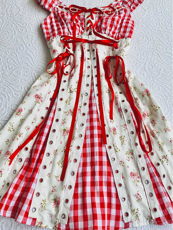 Red Plaid Patchwork Suspender Dress - Image 4