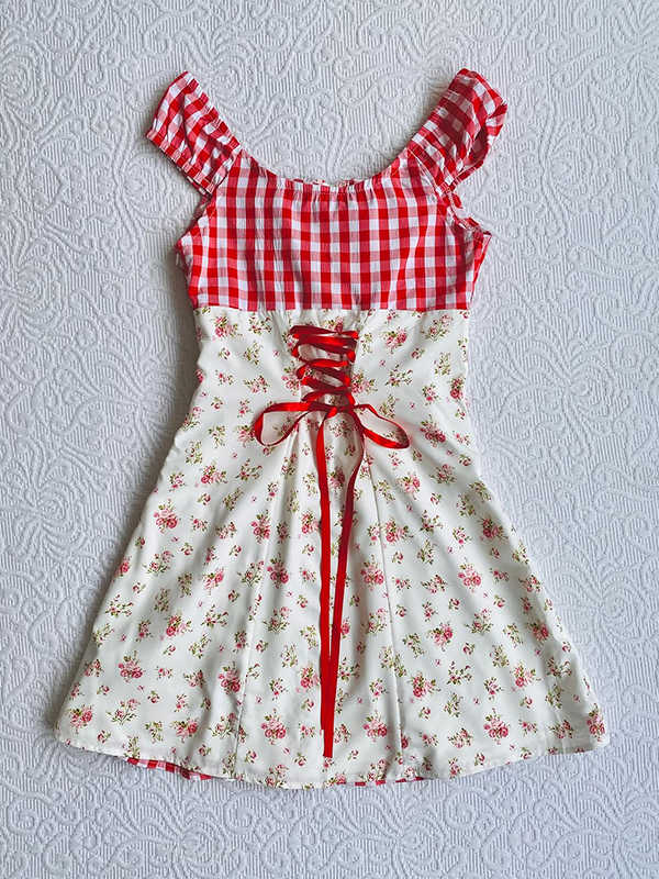 Red Plaid Patchwork Suspender Dress - Image 5