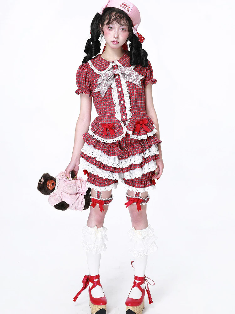 red plaid ruffled kawaii shorts - Image 3