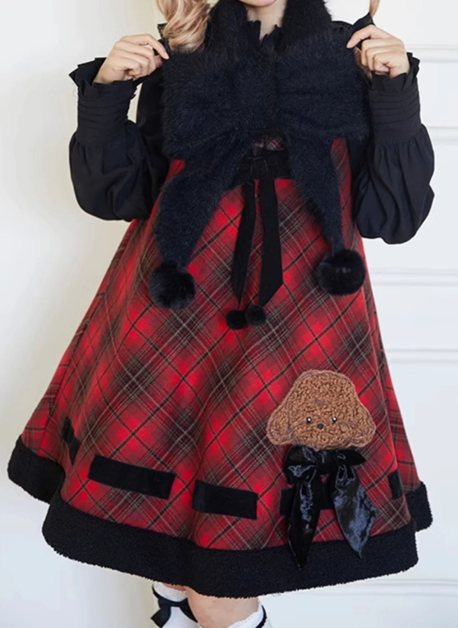 Red Plaid Teddy Dog Embroidered Dress - Image 2