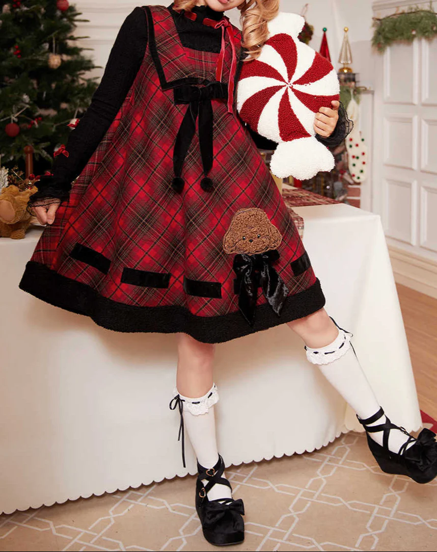 Red Plaid Teddy Dog Embroidered Dress - Image 6