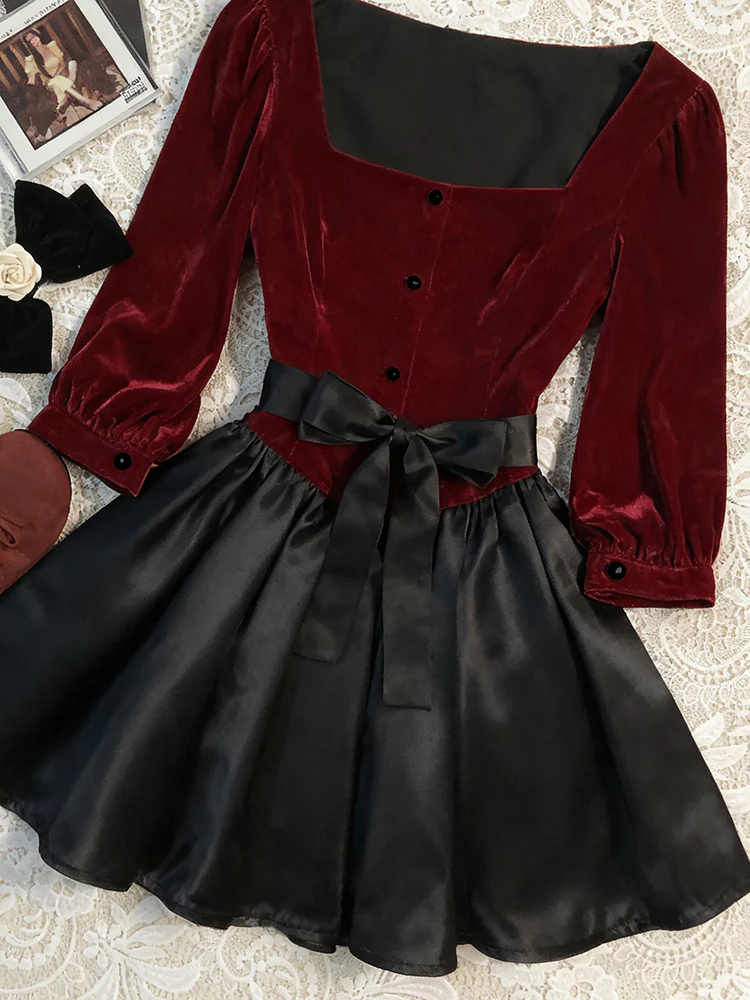 red retro elegant square neck dress - Image 2