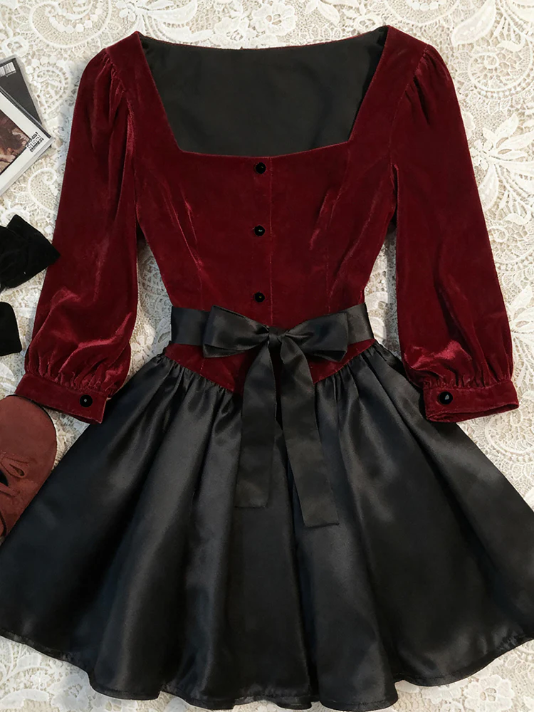 red retro elegant square neck dress - Image 4