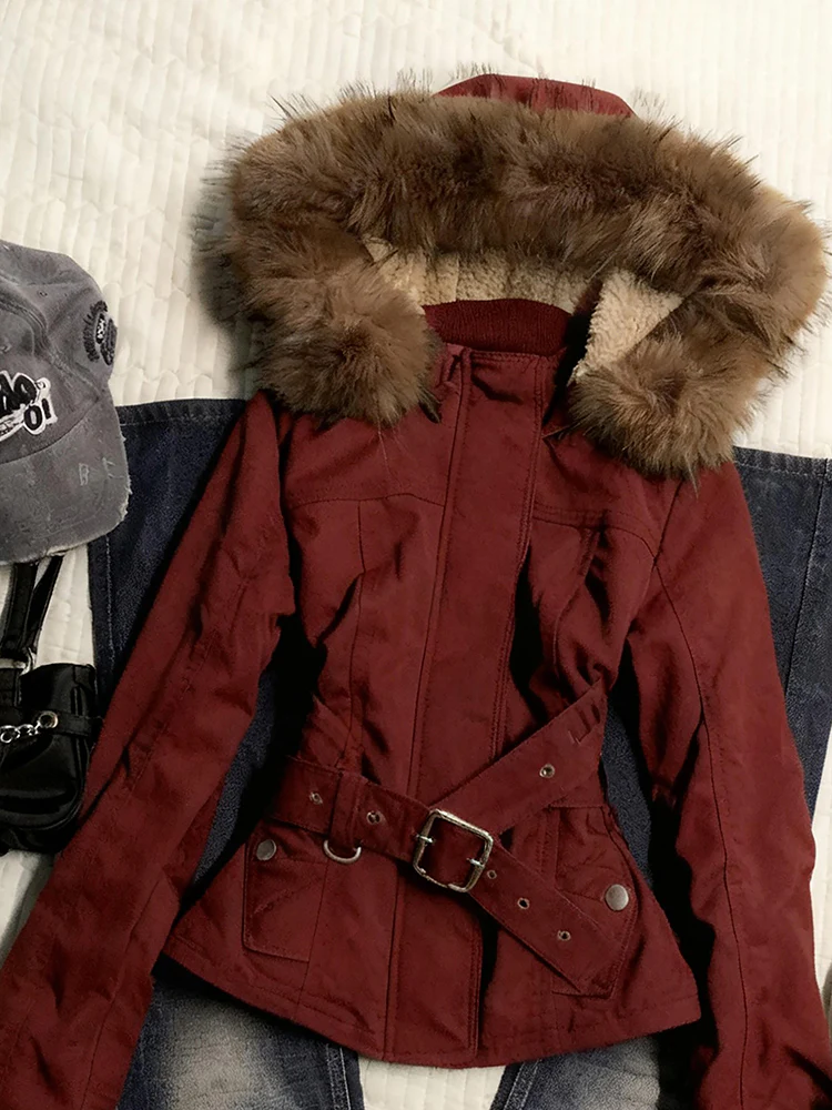 red retro fur hooded jacket - Image 2