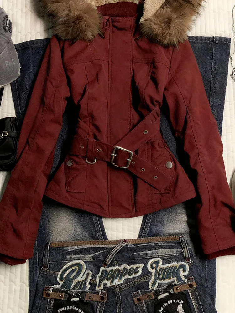 red retro fur hooded jacket - Image 3