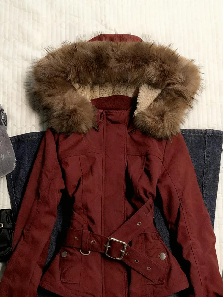 red retro fur hooded jacket - Image 4