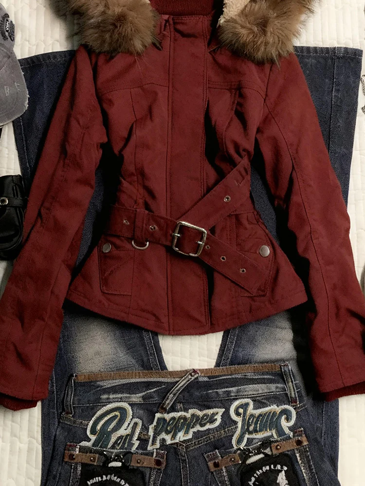 red retro fur hooded jacket - Image 5