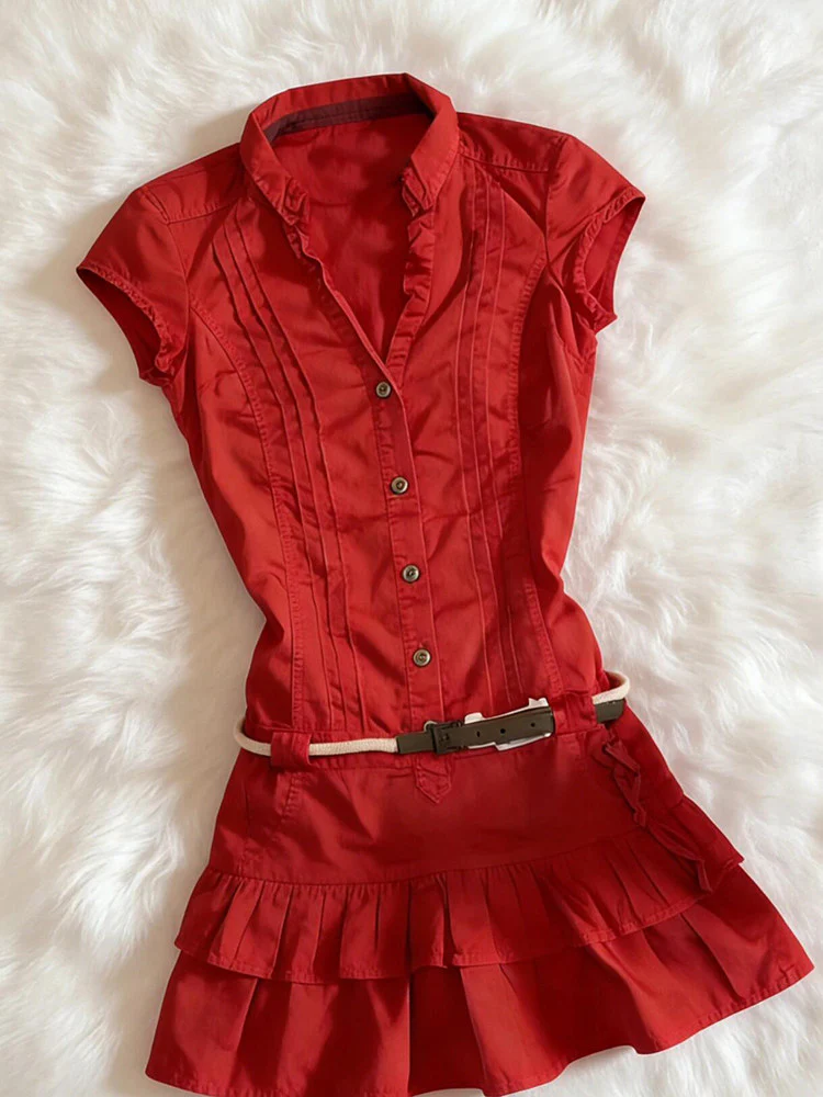 red sleeveless shirt dress - Image 2