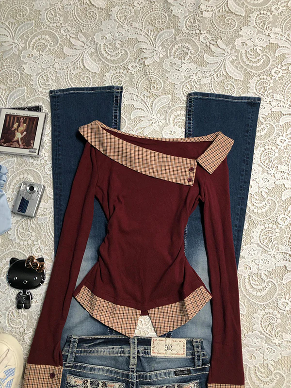red slim fit one-line collar plaid long-sleeved top - Image 2