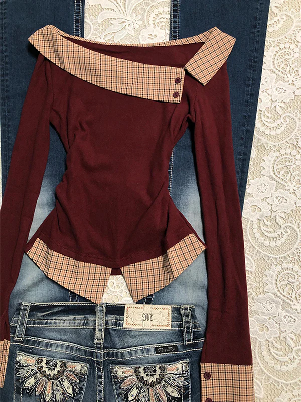 red slim fit one-line collar plaid long-sleeved top - Image 3