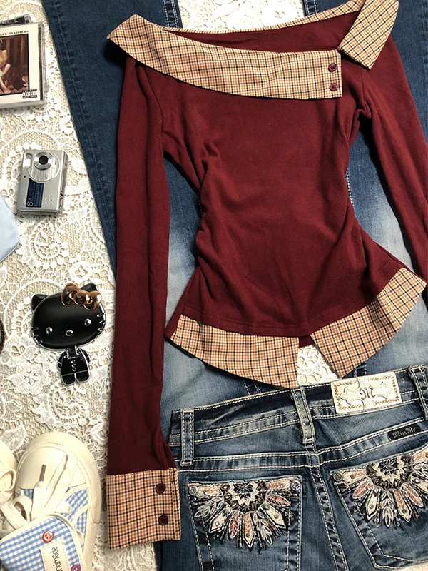 red slim fit one-line collar plaid long-sleeved top - Image 4