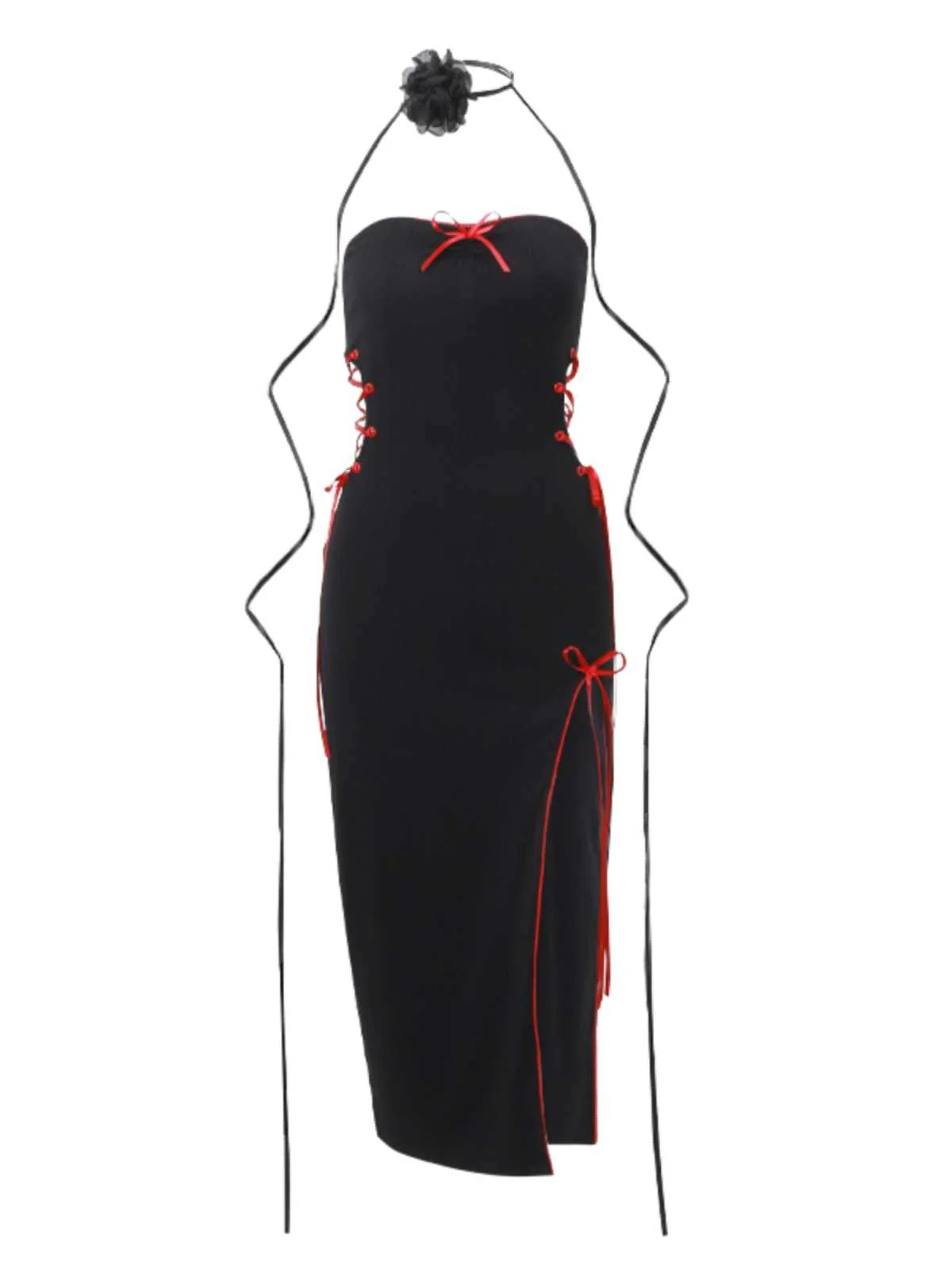 Red Strap Bow Hollow Dark Coquette Dress - Image 5