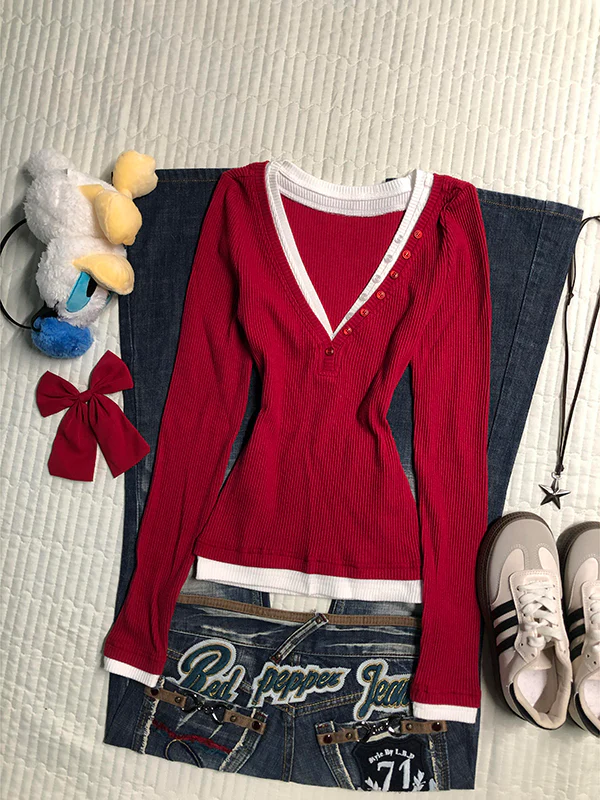 red v-neck fake two-piece sweater - Image 2