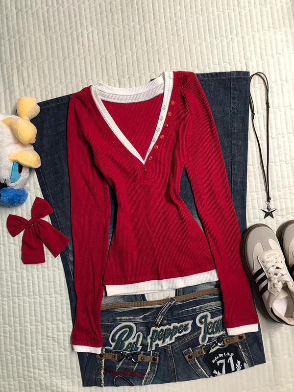 red v-neck fake two-piece sweater - Image 3