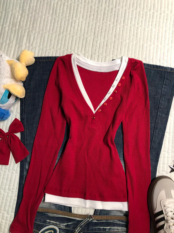 red v-neck fake two-piece sweater - Image 5