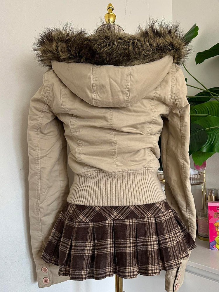 retro beige fur hooded jacket - Image 3