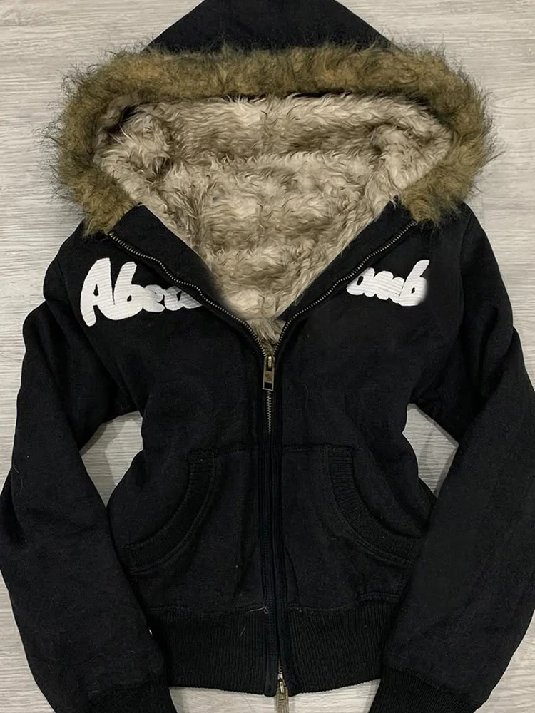 retro black fur collar hooded jacket