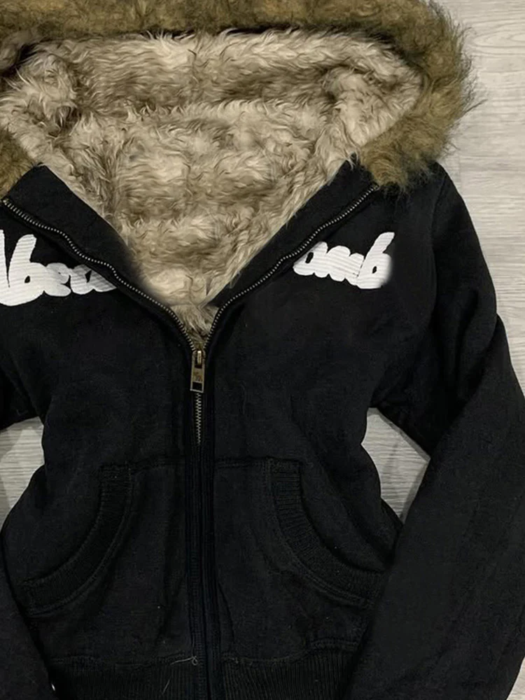retro black fur collar hooded jacket - Image 2