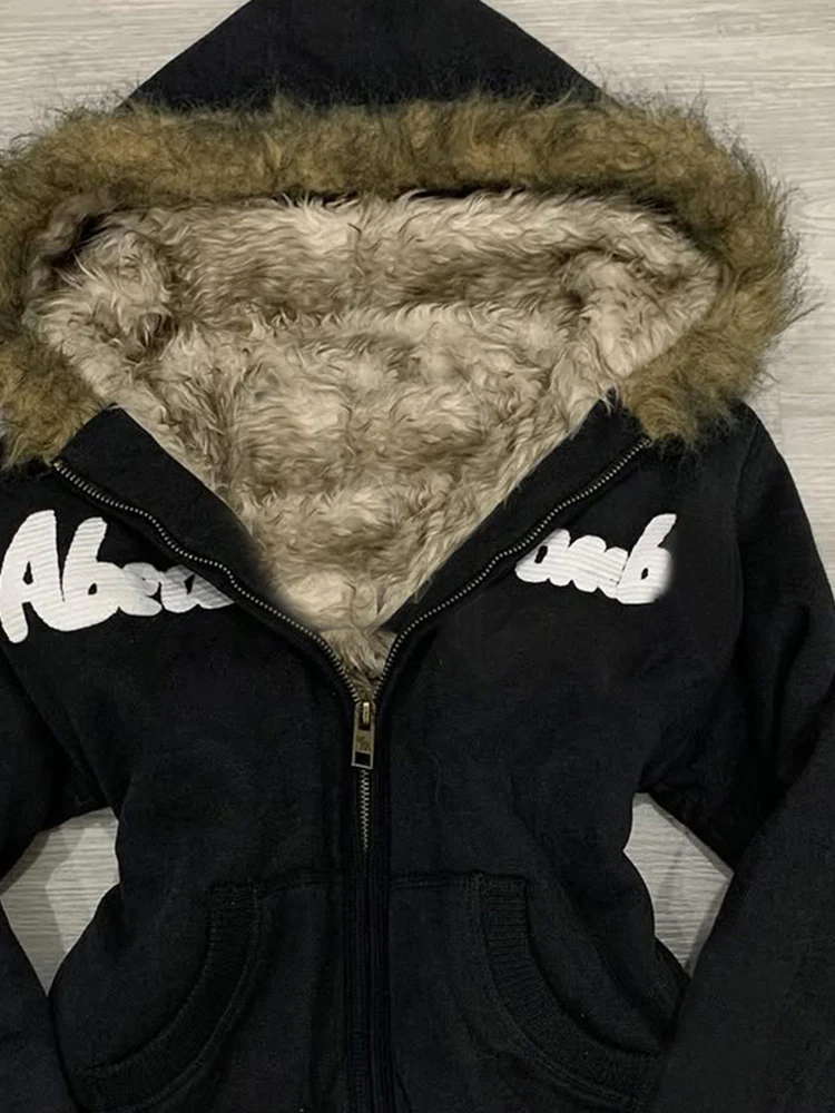 retro black fur collar hooded jacket - Image 5