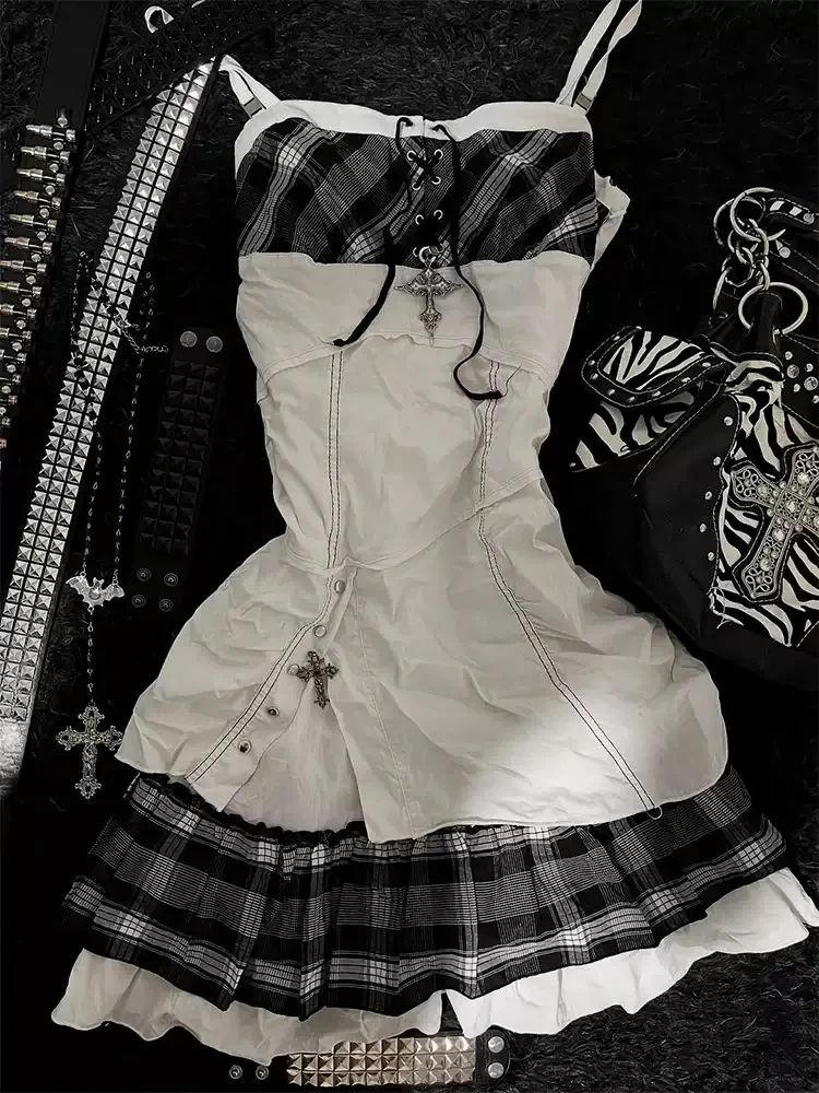 Retro Black Plaid Suspender Dress