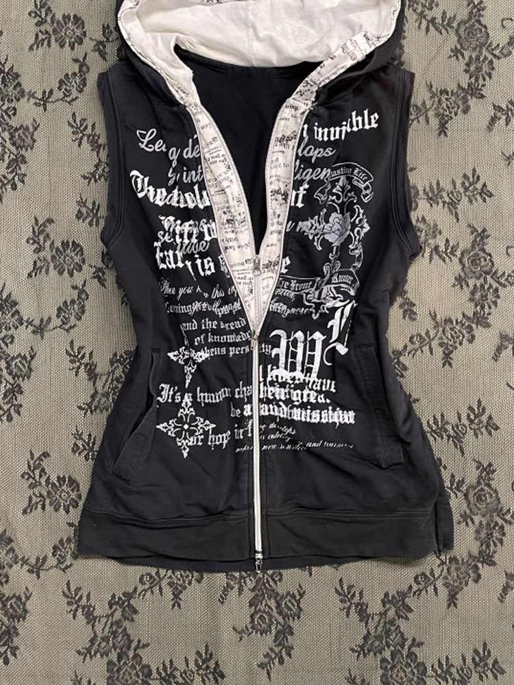 Retro Black Printed Hooded Top - Image 2