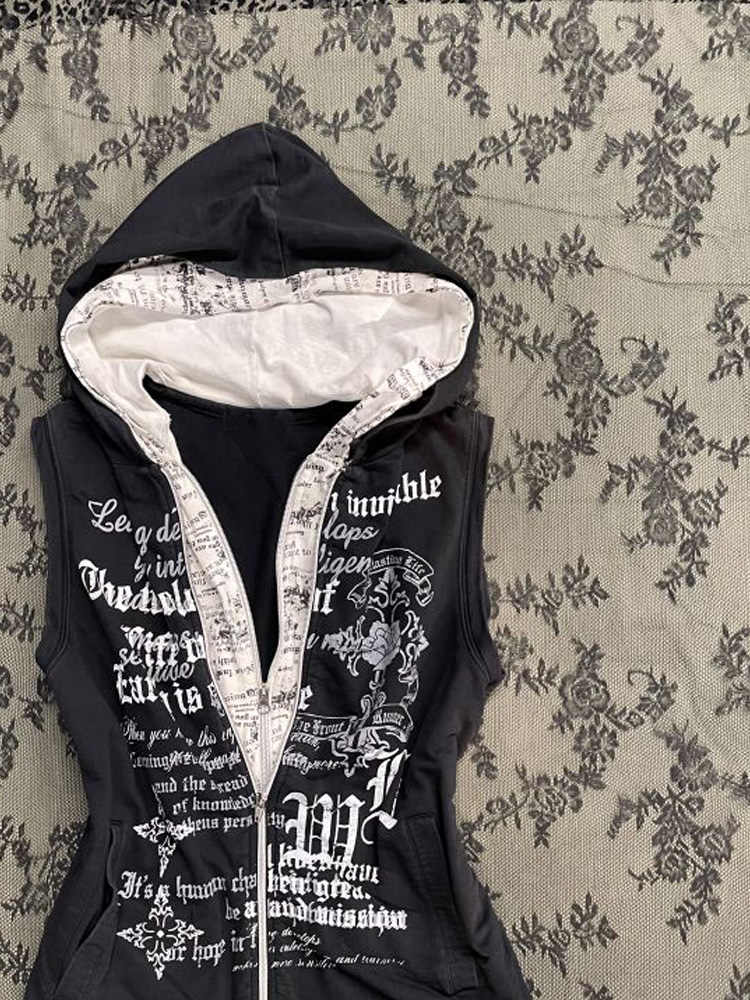 Retro Black Printed Hooded Top - Image 4
