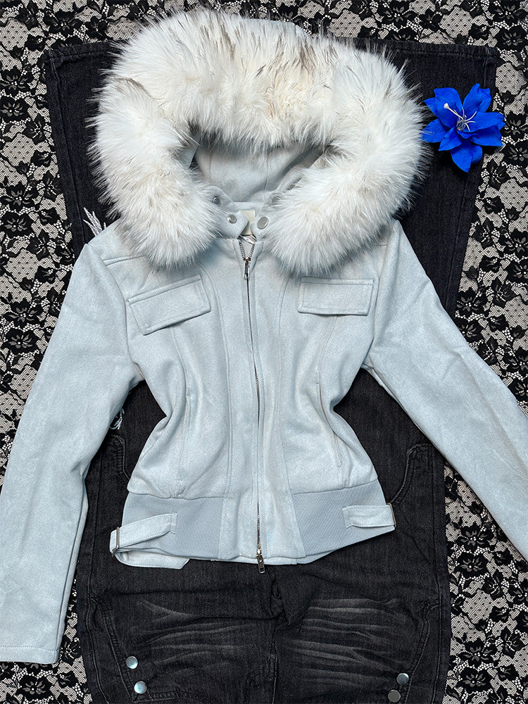 retro blue fur collar coat - Image 3
