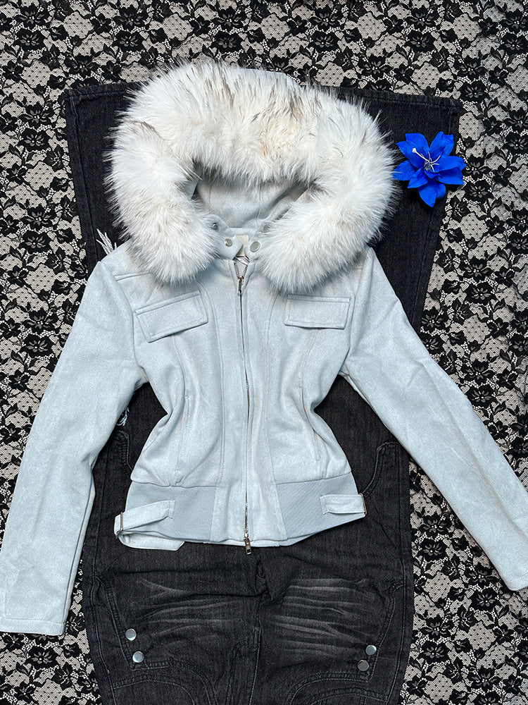 retro blue fur collar coat - Image 4