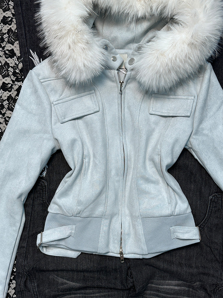 retro blue fur collar coat - Image 5