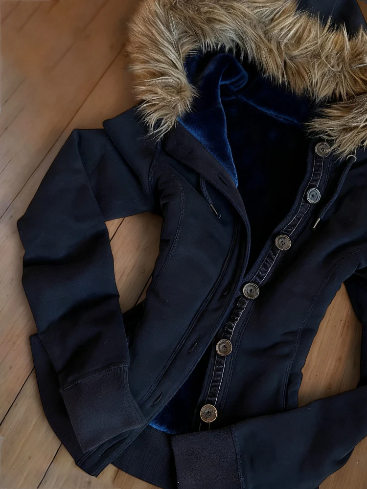 Retro blue fur hooded jacket - Image 2