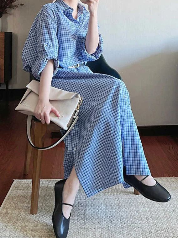 Retro Blue Plaid Lapel Shirt Dress - Image 2