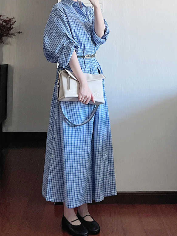 Retro Blue Plaid Lapel Shirt Dress - Image 3
