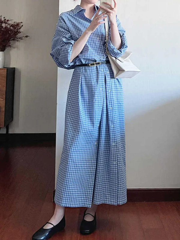 Retro Blue Plaid Lapel Shirt Dress - Image 4