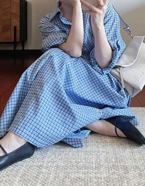 Retro Blue Plaid Lapel Shirt Dress - Image 5