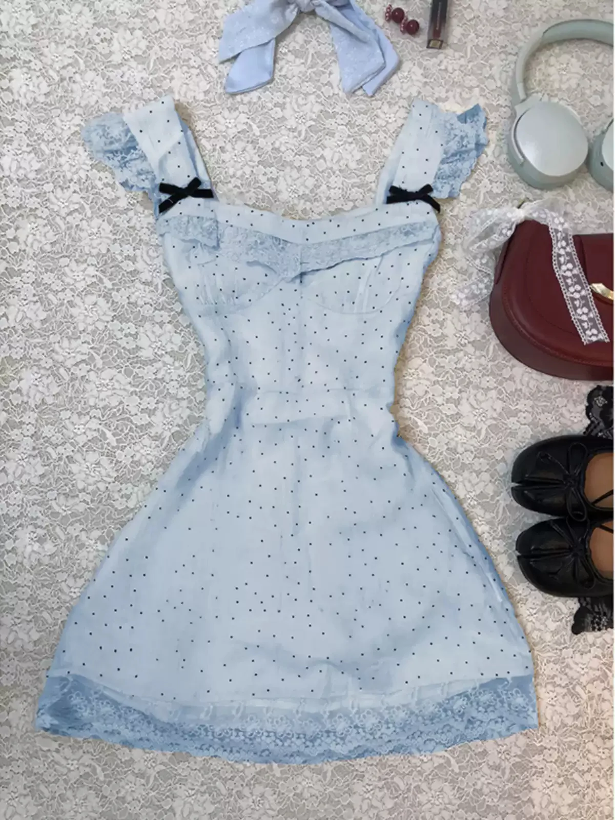 Retro Blue Polka Dot Suspender Dress