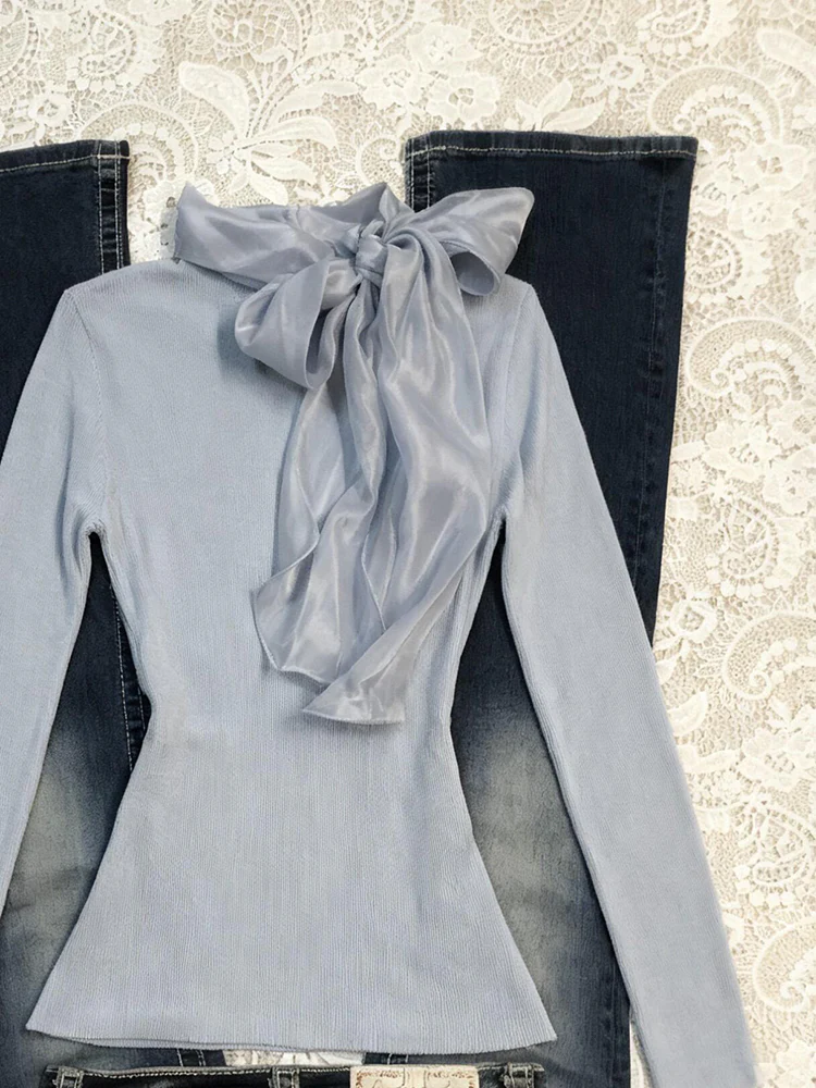 retro blue ribbon long-sleeved shirt - Image 2