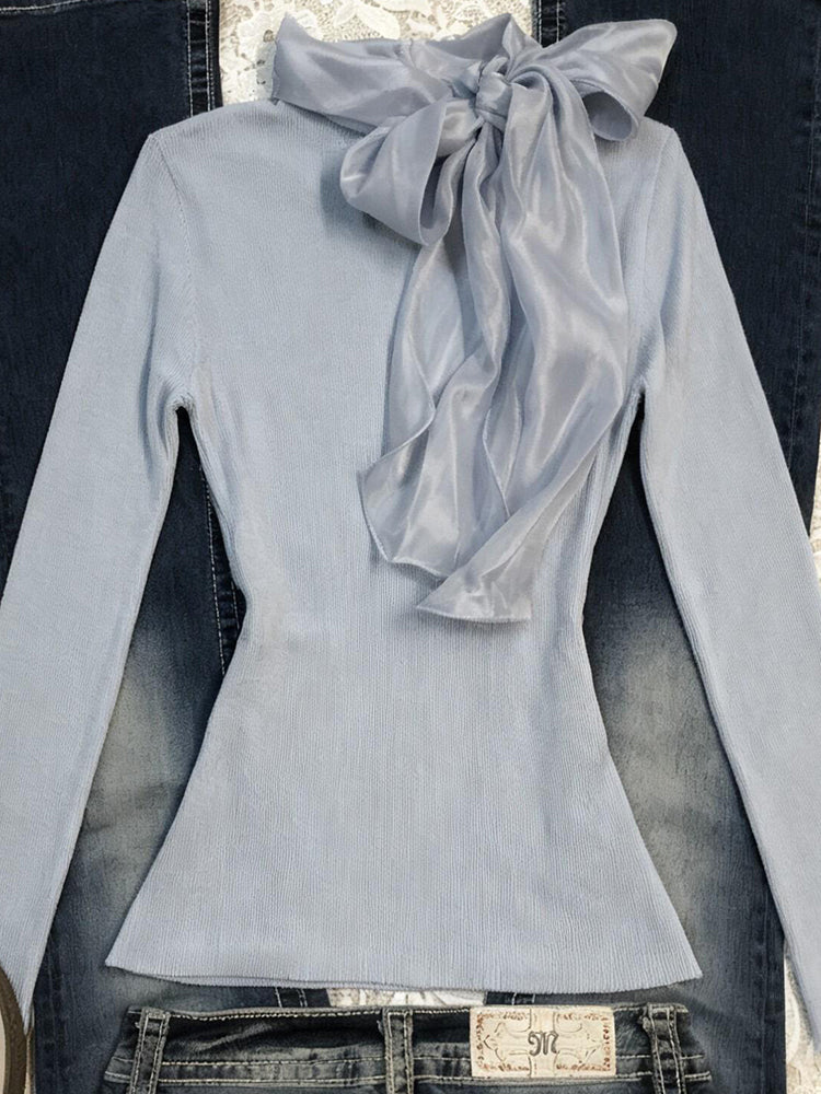 retro blue ribbon long-sleeved shirt - Image 3
