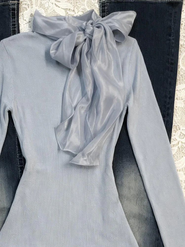 retro blue ribbon long-sleeved shirt - Image 4