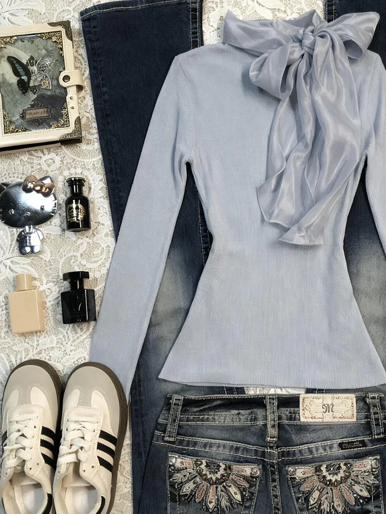 retro blue ribbon long-sleeved shirt - Image 5