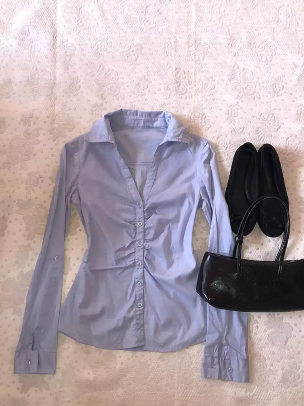 retro blue V-neck long-sleeved shirt - Image 3