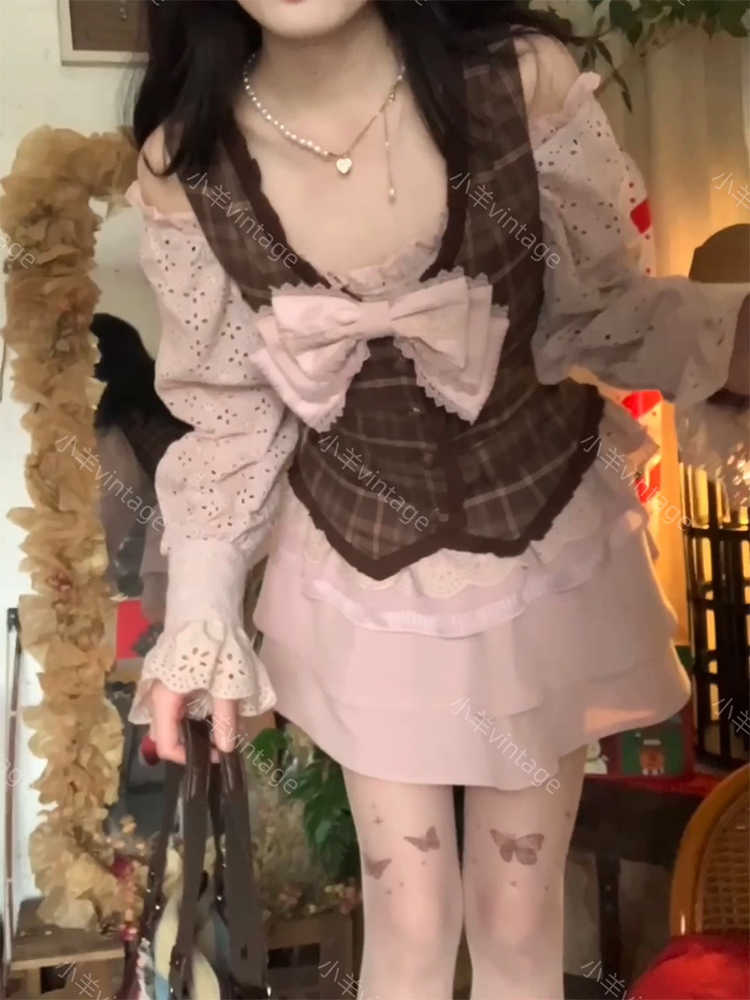 Retro Bow Lace Top Pink Plaid Vest - Image 2